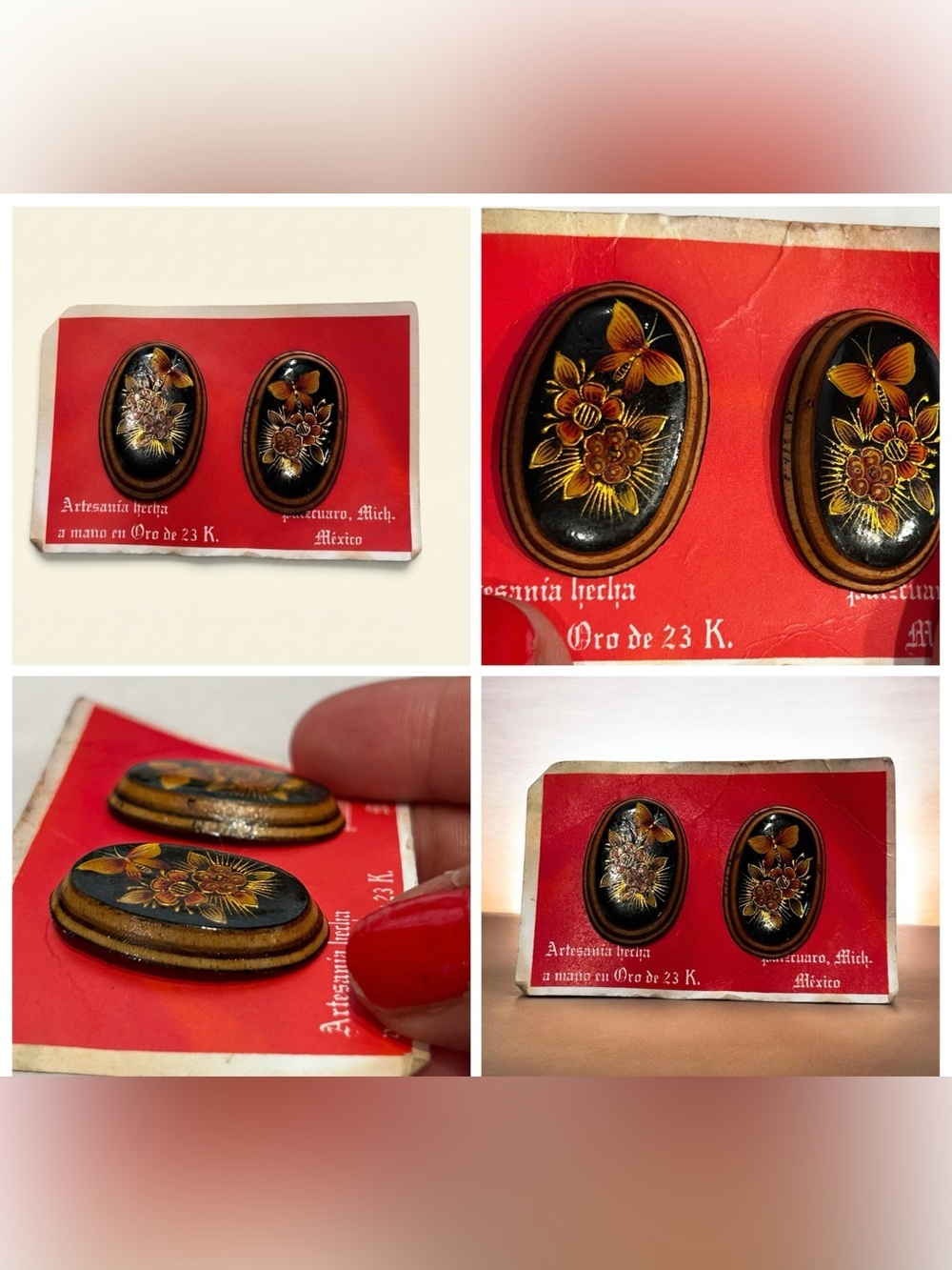 VTG Mexican Hand Painted Wood 23k Gold Butterfly Floral Stud Earrings Sterling S